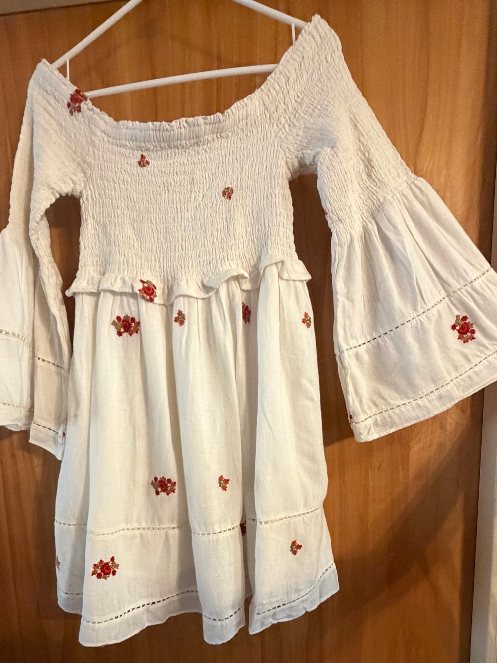 Free People Cream Off-Shoulder Dress with Red Floral Embroidery